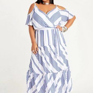 Blue and white stripe cold shoulder maxi dress